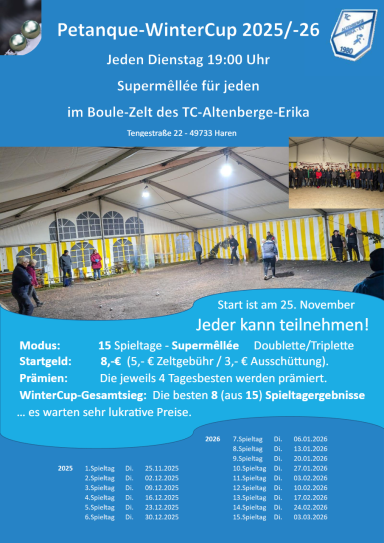 Petanque-Winter-Cup 2025/2026 in Altenberge im Zelt